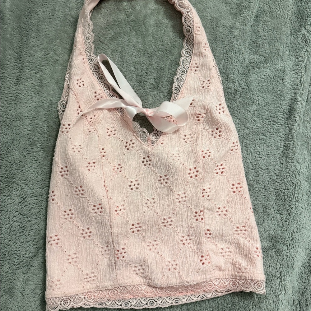 Pink Lace Halter Top With Cute Bow
